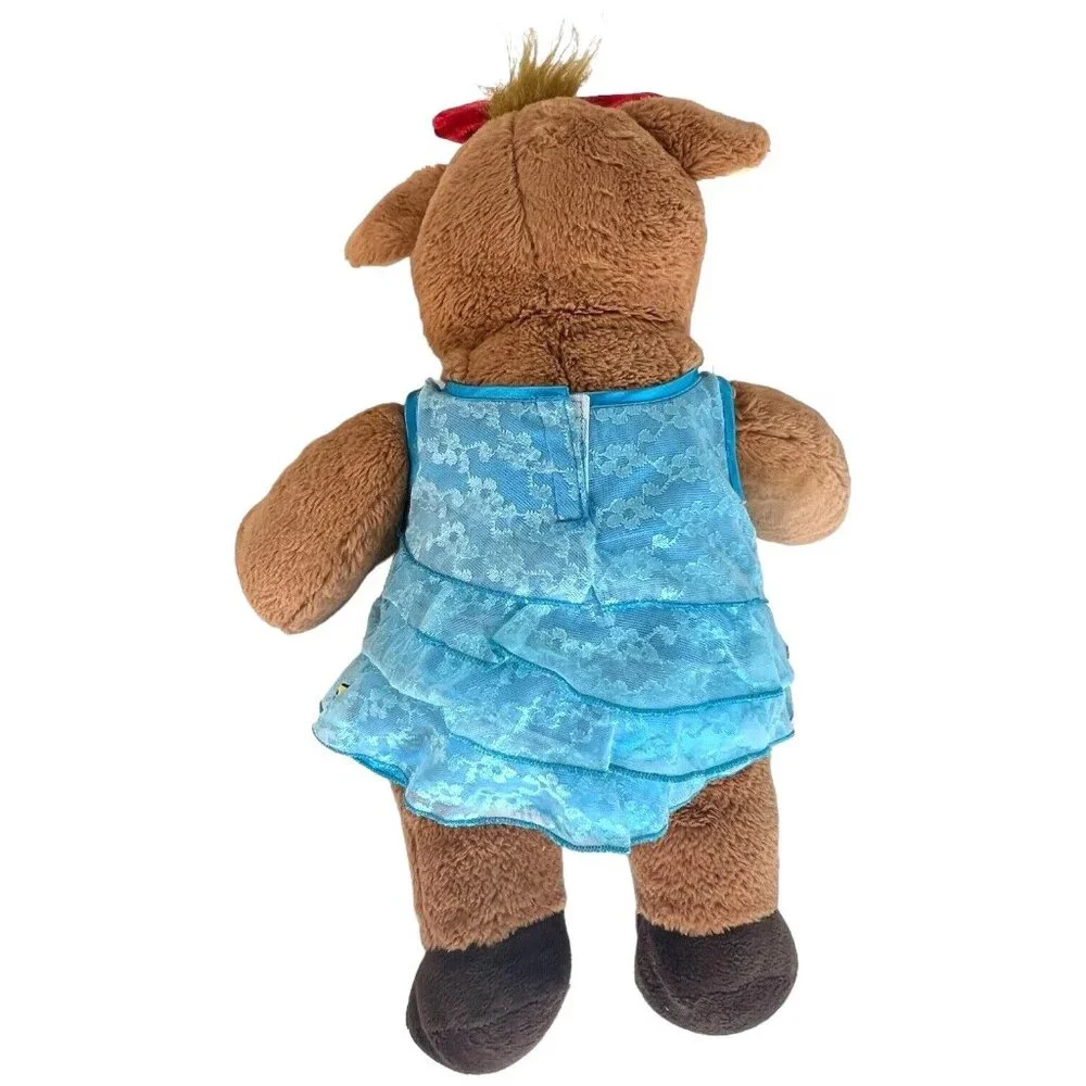 Build a Bear Holly‎ Moose Plush Blue Dress Stuffed Animal Red Bow 16” Brown BABW